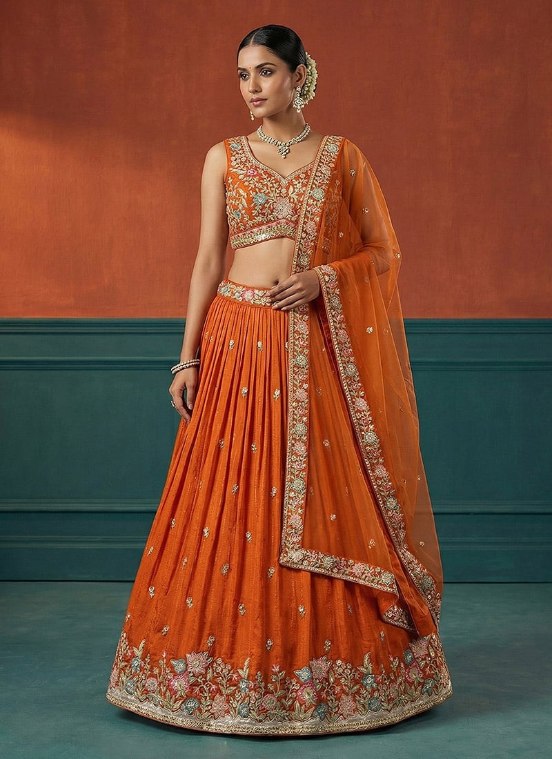 Vibrant Orange Georgette Embroidered Umbrella Lehenga Wedding Wear