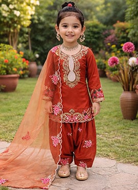 Vibrant Orange Heavy Natural Crepe Embroidery Sequence Work Kids Girls Salwar Suit