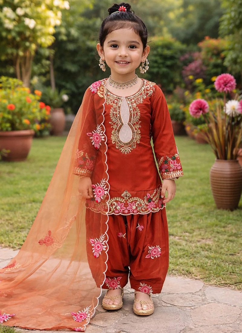 Vibrant Orange Heavy Natural Crepe Embroidery Sequence Work Kids Girls Salwar Suit