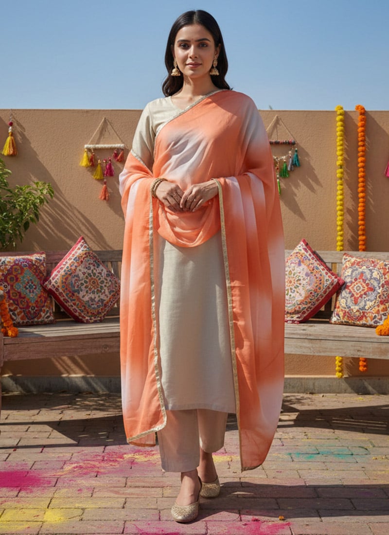 Vibrant Orange Organza Digital Print Zari Lace Border Dupatta After Six Wear