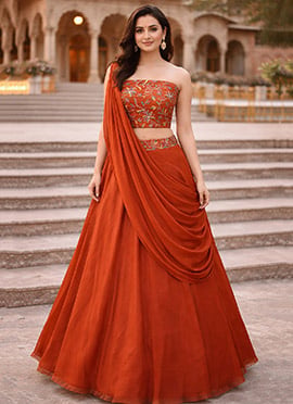 Vibrant Orange Rangoli Silk Multicolor Floral Embroidery With Thread Work Umbrella Lehenga