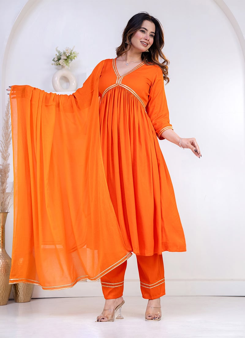 Vibrant Orange Rayon Zari Lace Work Anarkali Suit After Six Wear