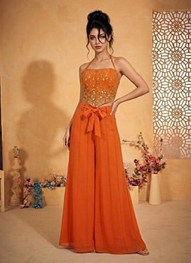 Vibrant Orange Silk Beads Mirror Work Indowestern Set And Suit