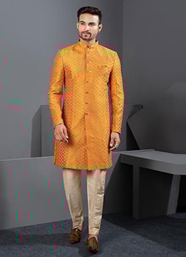 Vibrant Orange Silk Zari Embroidered Indowestern Sherwani