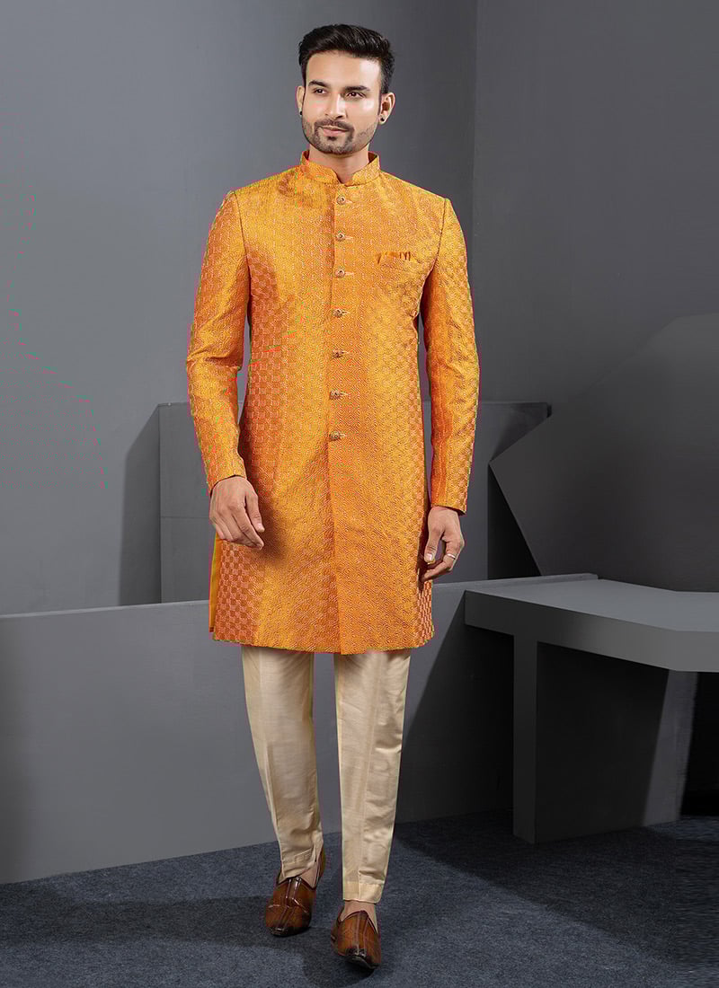 Vibrant Orange Silk Zari Embroidered Indowestern Sherwani Wedding Wear