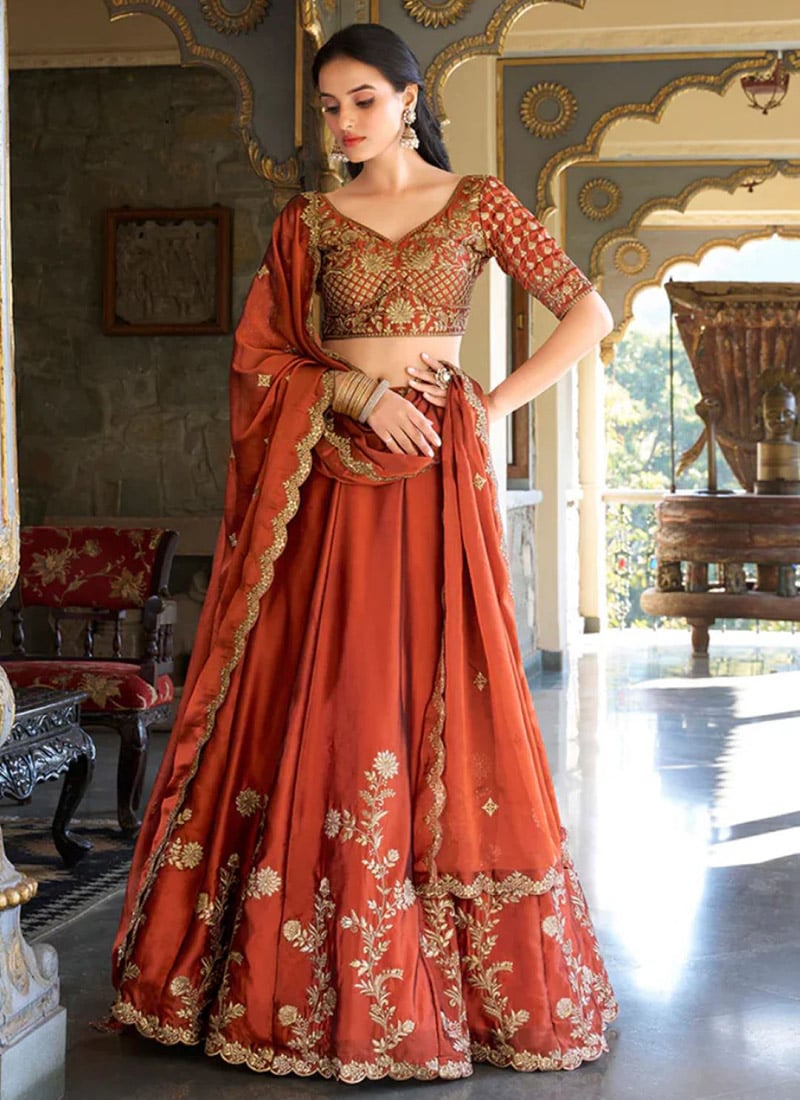 Vibrant Orange Silk Zari Embroidered Umbrella Lehenga Wedding Wear