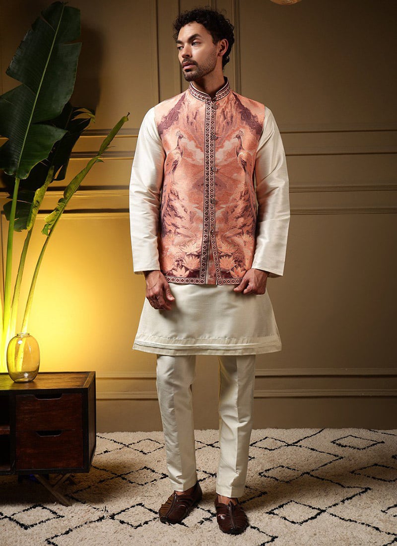 Vibrant Orange Viscose Silk Embroidered Digital Print Bandi Set Festive Wear