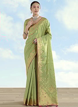 Vibrant Parrot Green Banarasi Tissue Silk Paisley Zari Woven Saree