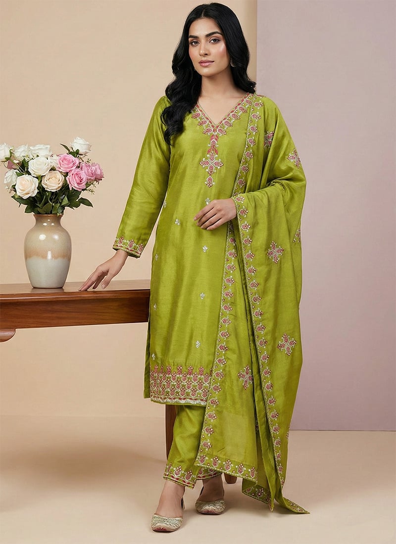 Vibrant Parrot Green Chinon Silk Embroidered Sequins Straight Pant Suit Festive Wear