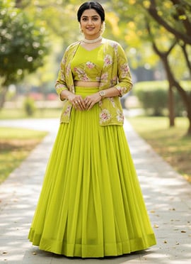 Vibrant Parrot Green Georgette Printed Indowestern Set and Suit