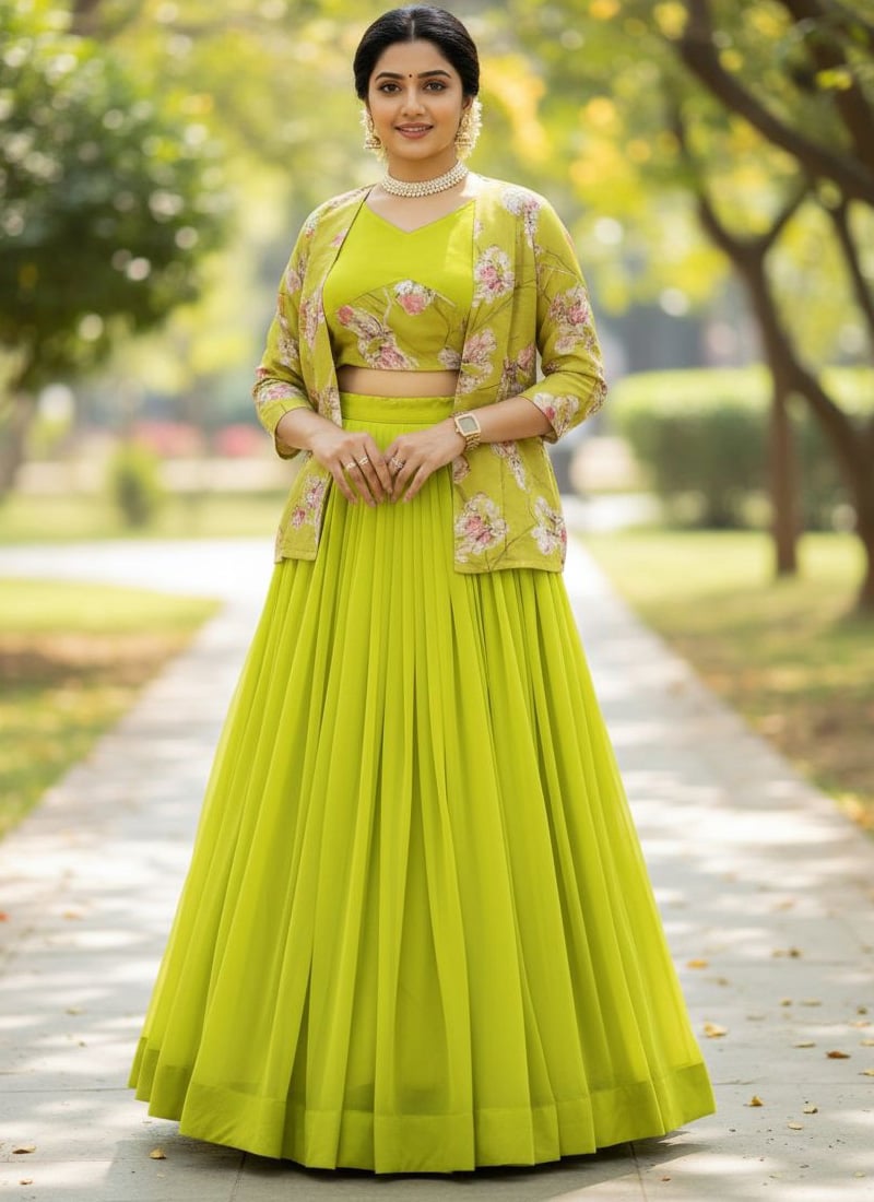 Vibrant Parrot Green Georgette Printed Indowestern Set and Suit Wedding Wear
