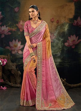 Vibrant Pink Orange Crepe Resham Mirror Work Moti Stones Cutdana Saree