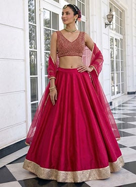 Vibrant Pink Vichitra Silk Lehenga With Embroidered Sequins Mirror Work