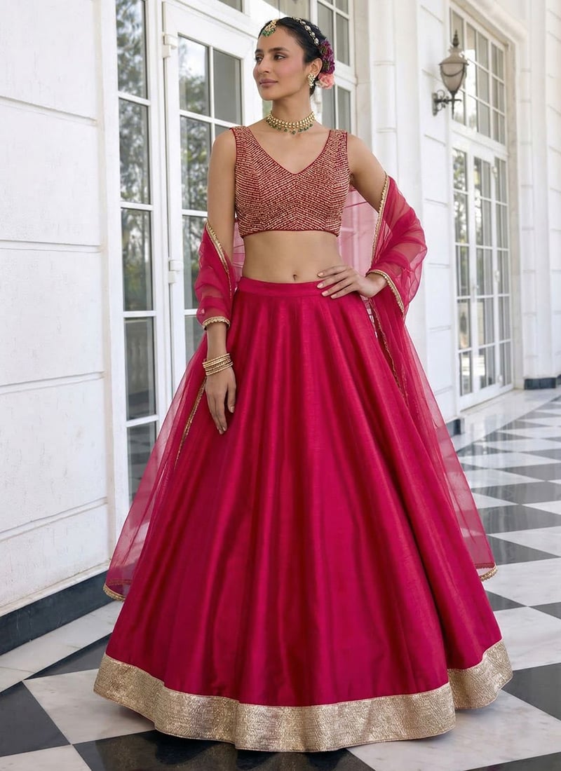 Vibrant Pink Vichitra Silk Lehenga With Embroidered Sequins Mirror Work Wedding Wear
