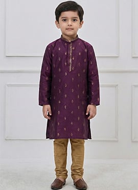Vibrant Purple Silk Zari Thread Kids Boys Kurta Pyjama