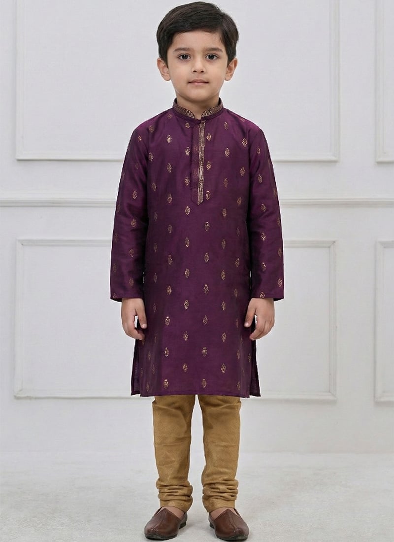 Vibrant Purple Silk Zari Thread Kids Boys Kurta Pyjama Festive Wear