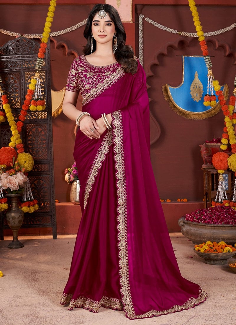 Vibrant Rani Pink Silk Zari Embroidered Saree Festive Wear