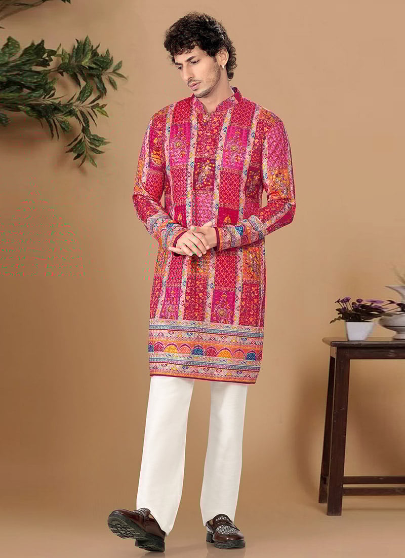 Vibrant Rani Pink Soft Cotton Sequins Embroidered Printed Kurta Pyjama Festive Wear
