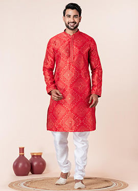 Vibrant Red Dupion Silk Printed Kurta Pyjama