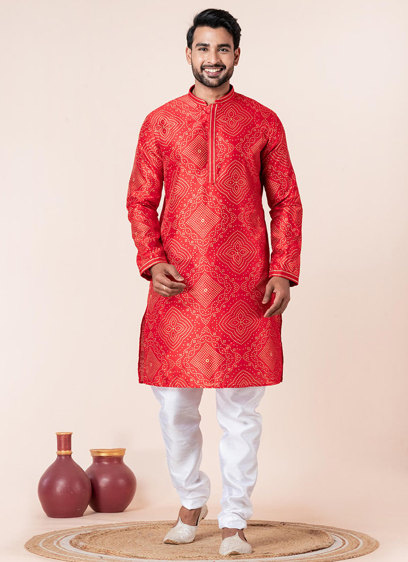Vibrant Red Dupion Silk Printed Kurta Pyjama Festive Wear