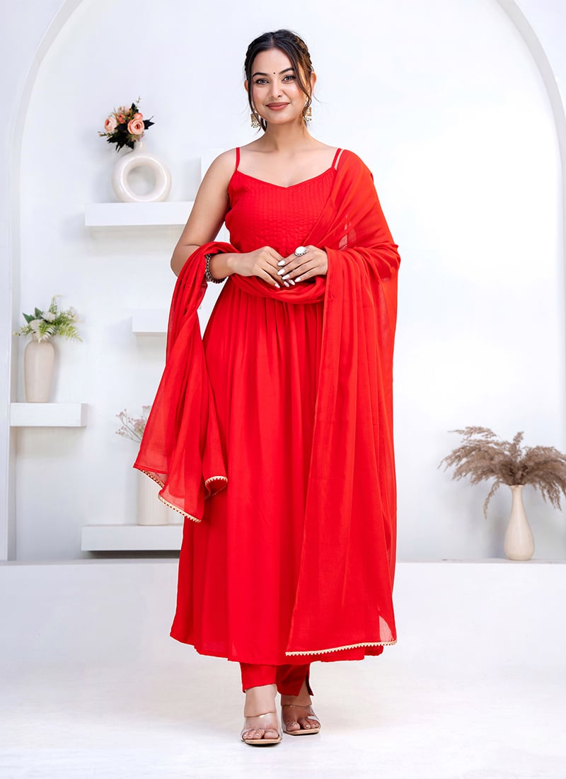 Vibrant Red Rayon Anarkali Suit After Six Wear