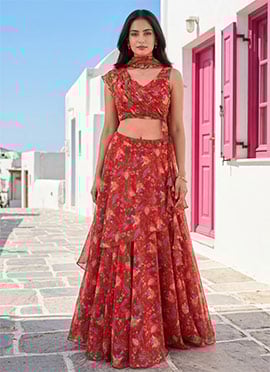 Vibrant Red Soft Organza Floral Print Umbrella Lehenga
