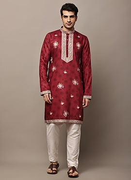 Vibrant Red Viscose Silk Floral Print Embroidered Kurta Pyjama