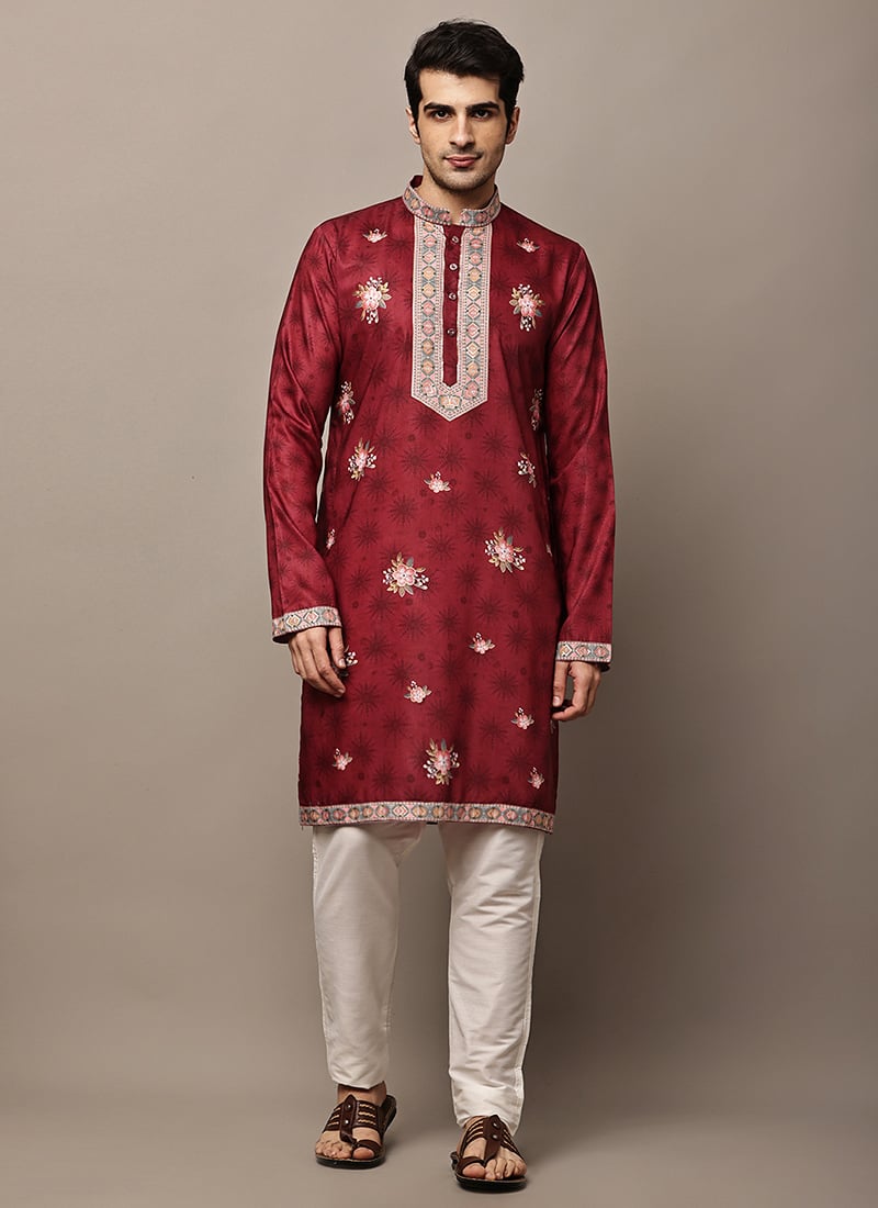 Vibrant Red Viscose Silk Floral Print Embroidered Kurta Pyjama Festive Wear