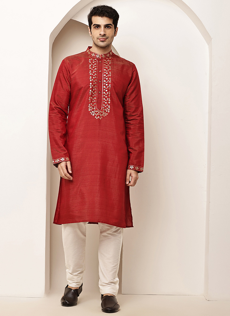 Vibrant Red Viscose Silk Zari Kurta Pyjama Festive Wear