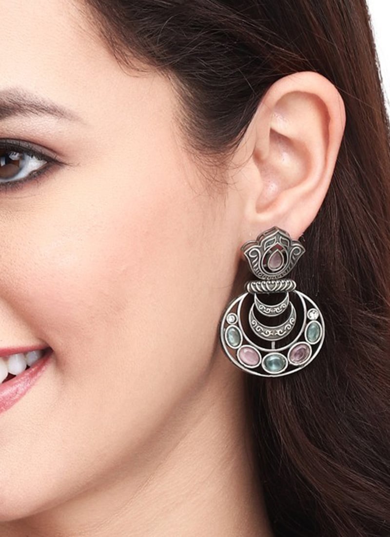 Vibrant Silver Oxidised Multi Colored Stone Drop Festive Wear