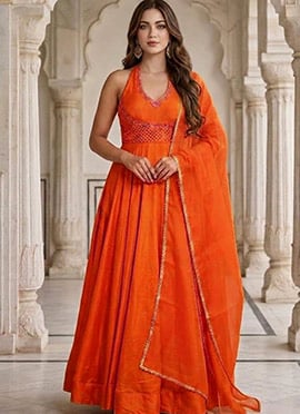 Vibrant Tangerine Orange Silk Zari Resham Embroidered Anarkali Suit