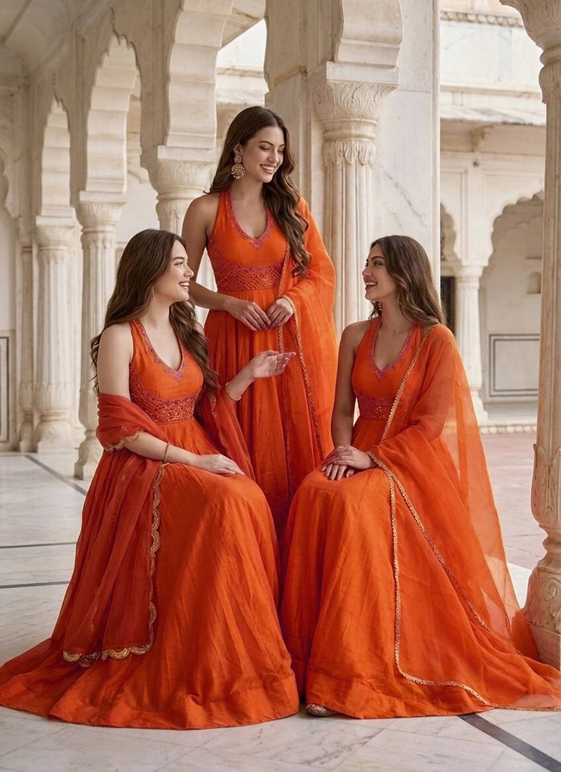 Vibrant Tangerine Orange Silk Zari Resham Embroidered Anarkali Suit Festive Wear