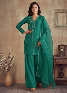 Vibrant Teal Silk Zari Cutdana Hand Embroidered Salwar Suit