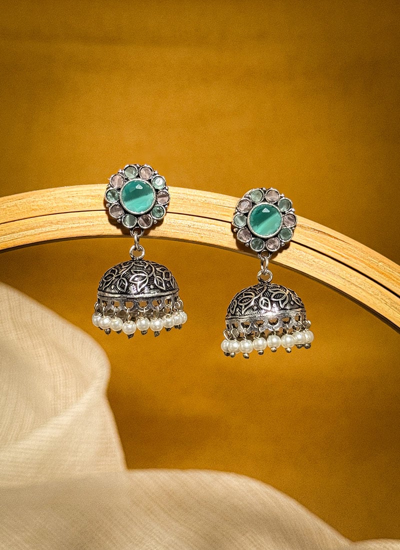 Vibrant Turquoise Kundan Beads Oxidised Jhumka Festive Wear