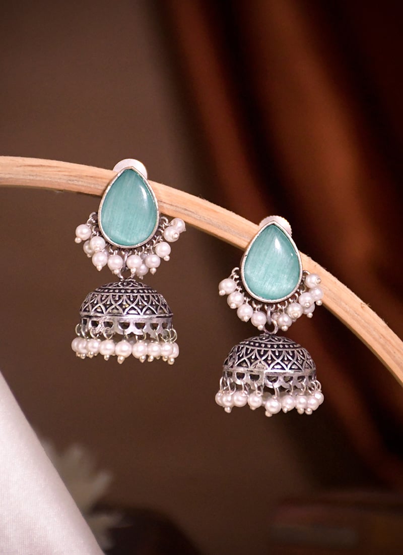 Vibrant Turquoise Kundan Beads Oxidised Jhumka Festive Wear