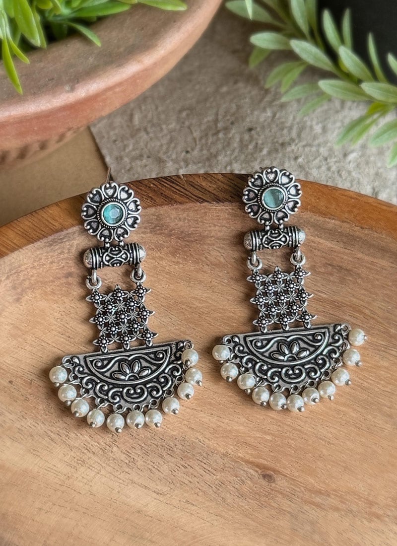 Vibrant Turquoise Kundan Oxidised Chandeliers Festive Wear