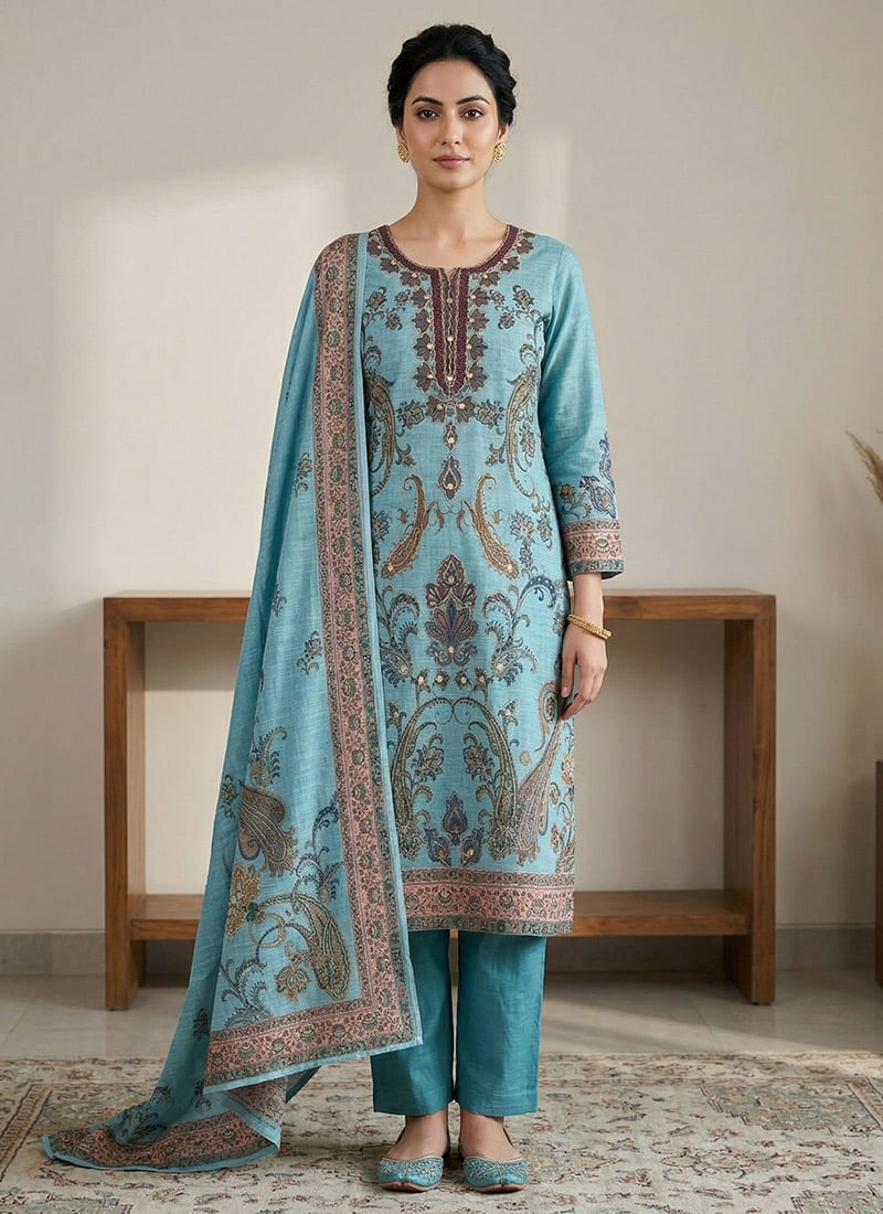 Vibrant Turquoise Linen Digital Print Straight Pant Suit After Six Wear