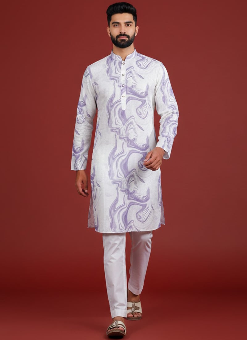 Vibrant Violet Silk Printed Kurta Pyjama Festive Wear