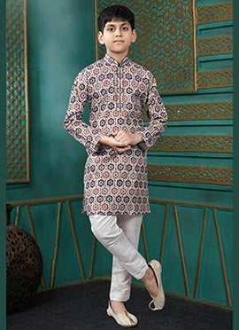 Vibrant White Cotton Printed Kids Boys Kurta Pyjama