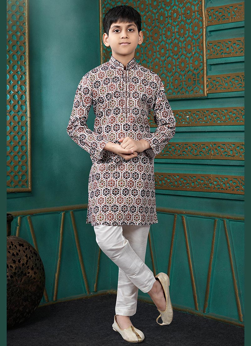 Vibrant White Cotton Printed Kids Boys Kurta Pyjama Festive Wear