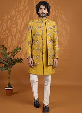 Vibrant Yellow Art Silk Indowestern Sherwani