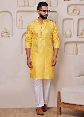 Vibrant Yellow Blended Cotton Sequins Embroidered Kurta Pyjama