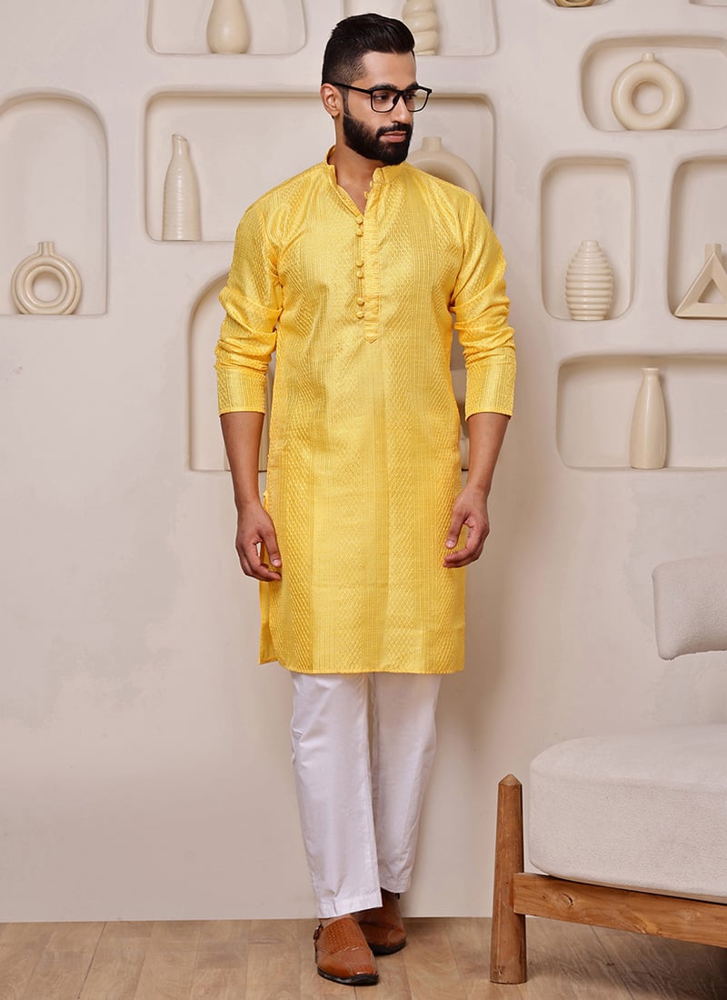 Vibrant Yellow Blended Cotton Sequins Embroidered Kurta Pyjama Festive Wear