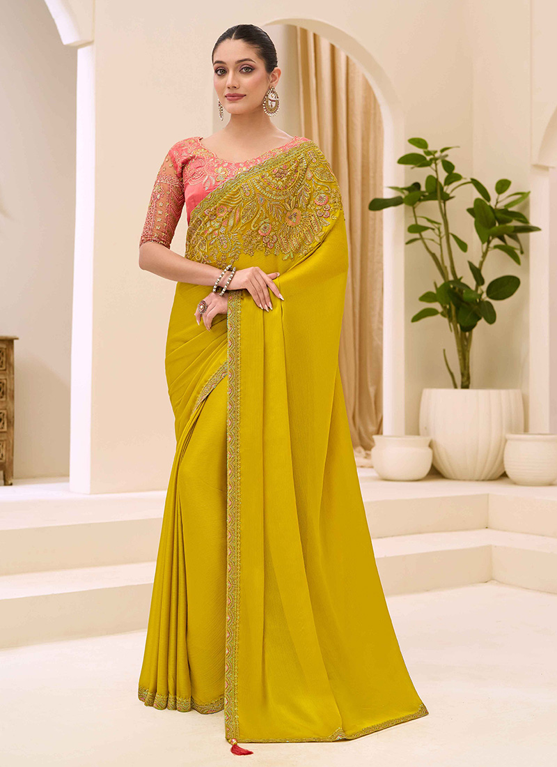 Vibrant Yellow Chiffon Embroidered Sequins Beads Thread Saree Wedding Wear
