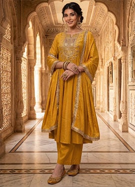 Vibrant Yellow Chinon Silk Zari Sequins Palazzo Suit