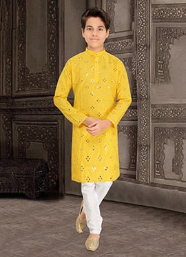 Vibrant Yellow Cotton Blend Embroidered Foil Mirror Kids Boys Kurta Pyjama
