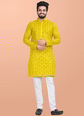 Vibrant Yellow Cotton Blend Foil Mirror Embroidered Kurta Pyjama