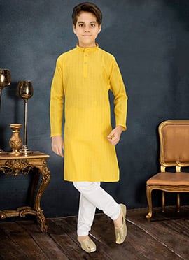 Vibrant Yellow Cotton Blend Zari Kids Boys Kurta Pyjama