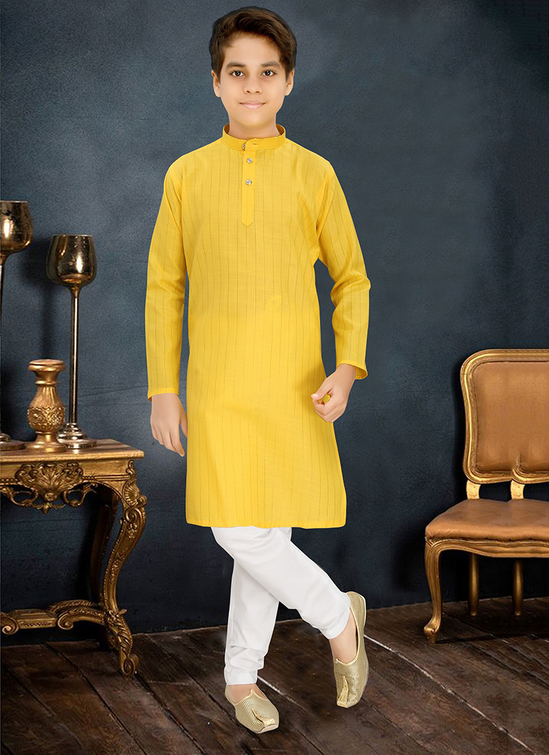 Vibrant Yellow Cotton Blend Zari Kids Boys Kurta Pyjama Festive Wear