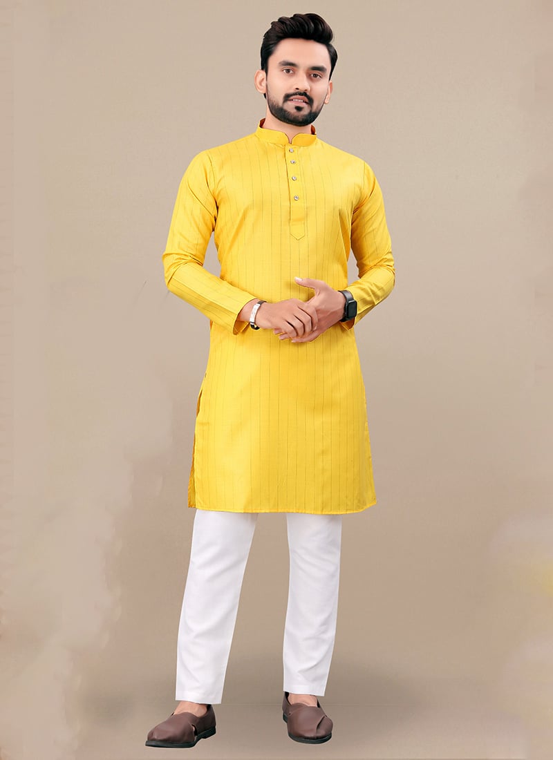 Vibrant Yellow Cotton Blend Zari Kurta Pyjama Festive Wear